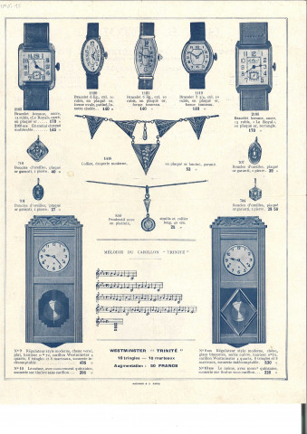 Fabriques G. et H. Pétolat (La grande Viotte, Besançon), manufacture du chronomètre Le Royal : prospectus publicitaire intitulé "Supplément 1930-1931" recto verso présentant des chronomètres, des montres-bracelets, des bijoux et des régulateurs (1930-1931).