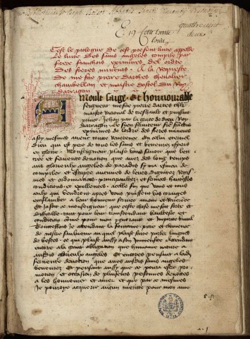 Ms 206 - « Le livre des sains angeles, compilé par frère Franchois Eximines, de l'ordre des frères Mineurs, à la requeste de mesire Pierre d'Arthes, chevalier, chambellan et maistre d'ostel du roy d'Arragon »