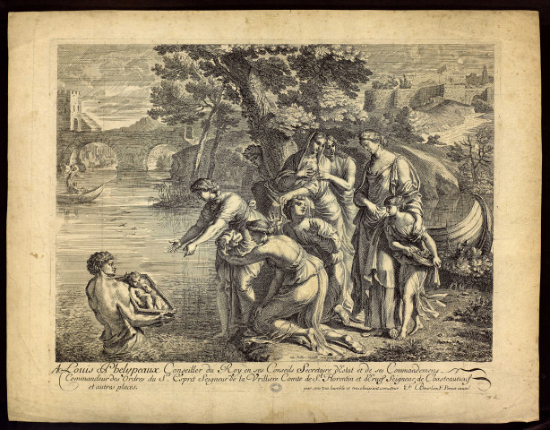 Moïse sauvé des eaux [image fixe] / F. Bourlier. F. Perrier inuen.  ; NDe. Poilly, excudit cum privil. R.C. , [Paris], [circa 1650]