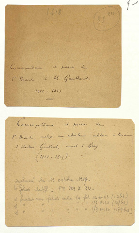 Ms 1418 - Correspondance et poésies de F. Branche, employé aux subsistances militaires à Besançon, et de Théodore Gautherot, avocat à Gray (1822-1835)