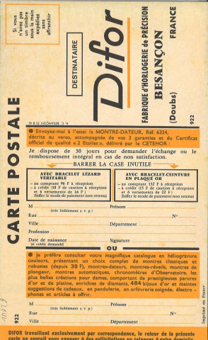 Entreprise d'horlogerie Sarda - Difor à Besançon : carte postale publicitaire pour une montre Difor [années 1960].