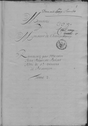 Ms Granvelle 64 - « Mémoires de M. Champagney... Tome II. » (1er janvier 1594-24 juin 1594)