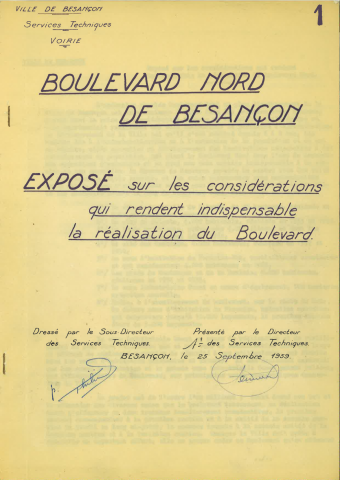 Boulevard Nord, construction : délibérations de 1959 à 1965, dossier de plans du tracé du boulevard (1955), dossier de subventions (1960), exposé sur les "considérations rendant indispensables la réalisation du boulevard ", mémoire et plans (1959). Zone Industrielle (ZI) des Trépillots, modification du taux d'intervention Ville de Besançon/Société d'Equipement du Département du Doubs (SEDD) : délibérations, contrats et avenants (1963).
